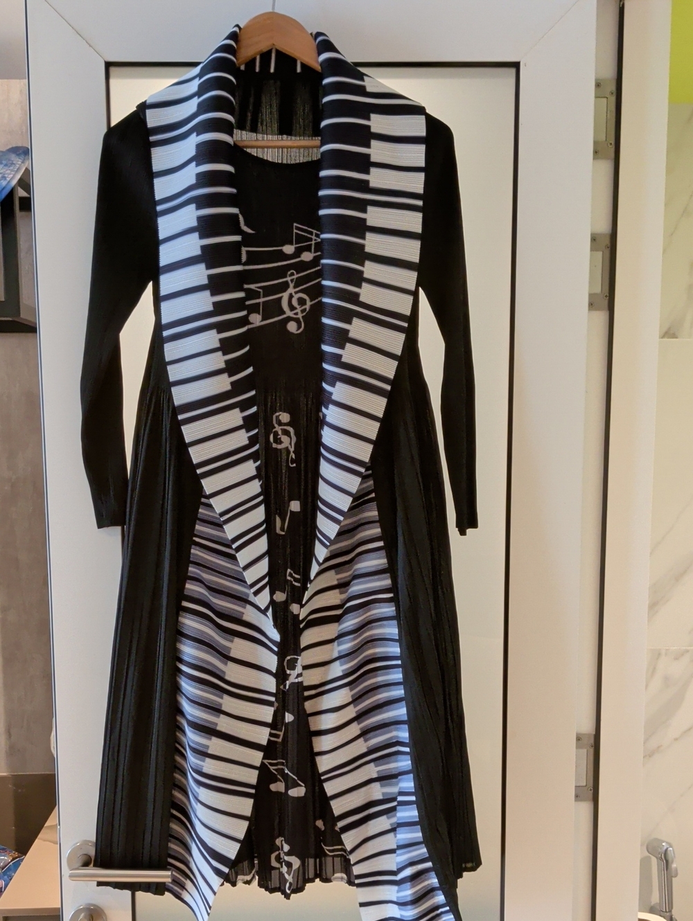 Black Musical-Print Long Sleeve Dress with Piano Key Shawl Collar